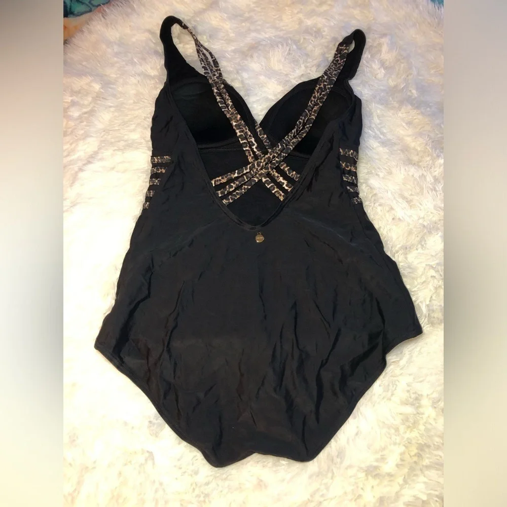 Black One-Piece Swimsuit with Patterned Straps